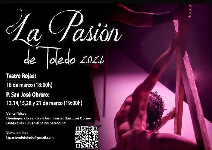 Imagen promocional de la representaci&oacute;n teatral de La Pasi&oacute;n de Toledo 2026, mostrando fechas y detalles del evento. Una obra tradicional y cultural que atrae a espectadores interesados en teatro y patrimonio del Pol&iacute;gono y Toledo.