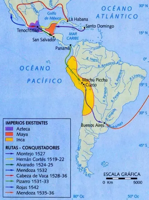 Mapa que muestra los principales imperios y pueblos ind&iacute;genas de Am&eacute;rica antes y durante la llegada de los espa&ntilde;oles, incluyendo el Imperio Azteca, el Imperio Inca y otros pueblos prehisp&aacute;nicos. La imagen tambi&eacute;n indica las rutas de los conquistadores espa&ntilde;oles, como Hern&aacute;n Cort&eacute;s y Francisco Pizarro, que realizaron expediciones para conquistar estos territorios. Este mapa permite comprender la interacci&oacute;n entre las culturas ind&iacute;genas y los castellanos durante la &eacute;poca de la conquista.