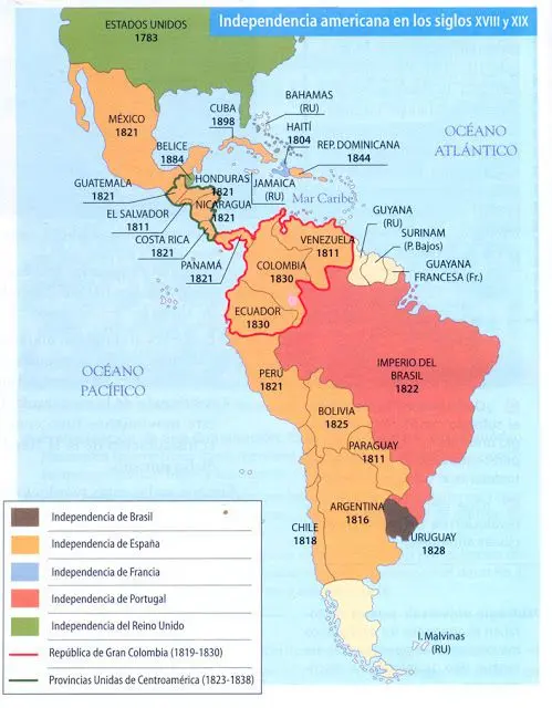 Mapa que indica los pa&iacute;ses de hispanoam&eacute;rica y las fechas en que lograron su independencia de Espa&ntilde;a durante los siglos XIX. La imagen permite visualizar de manera cronol&oacute;gica y geogr&aacute;fica cu&aacute;ndo cada naci&oacute;n alcanz&oacute; su soberan&iacute;a, facilitando la comprensi&oacute;n de la historia de la independencia en Hispanoam&eacute;rica.