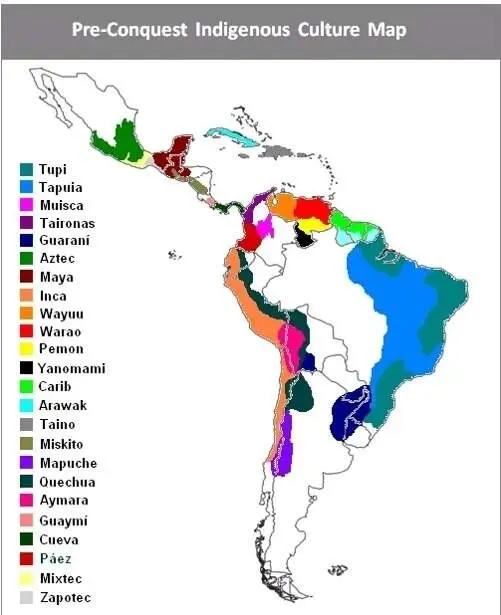 Este mapa muestra las principales culturas ind&iacute;genas que habitaban desde Mesoam&eacute;rica hasta Sudam&eacute;rica antes de la llegada de los conquistadores espa&ntilde;oles. Incluye civilizaciones como los Mexicas, Mayas y Zapotecas en Mesoam&eacute;rica; y sociedades andinas como los Incas, Mapuche y Aimara en Sudam&eacute;rica