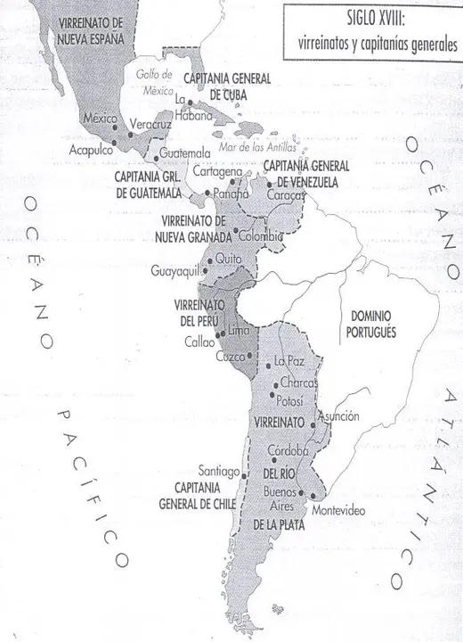 Mapa que muestra las <strong data-start="330" data-end="354">Capitan&iacute;as Generales</strong> y los <strong data-start="361" data-end="393">cuatro Virreinatos espa&ntilde;oles</strong> en Sudam&eacute;rica durante la &eacute;poca virreinal, destacando c&oacute;mo estas divisiones territoriales sentaron las bases de los pa&iacute;ses independientes tras la emancipaci&oacute;n a comienzos del siglo XIX.