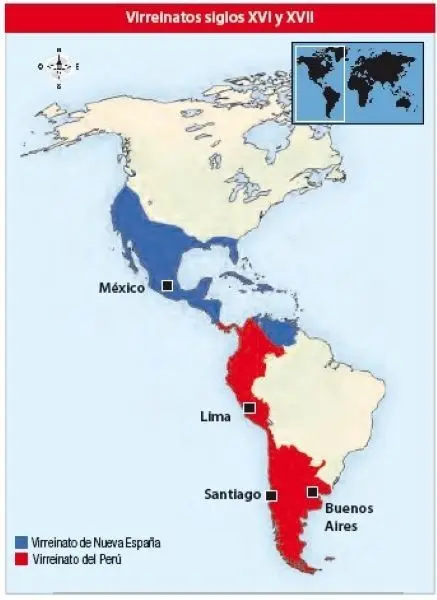 Mapa de Am&eacute;rica durante los siglos XVI y XVII que muestra la organizaci&oacute;n territorial del Imperio espa&ntilde;ol centrada en sus dos grandes virreinatos iniciales: el de Nueva Espa&ntilde;a, con capital en Ciudad de M&eacute;xico, y el del Per&uacute;, con capital en Lima. La imagen refleja la enorme extensi&oacute;n de ambos territorios, que abarcaban gran parte de Am&eacute;rica del Norte, Centroam&eacute;rica y Sudam&eacute;rica.&nbsp;