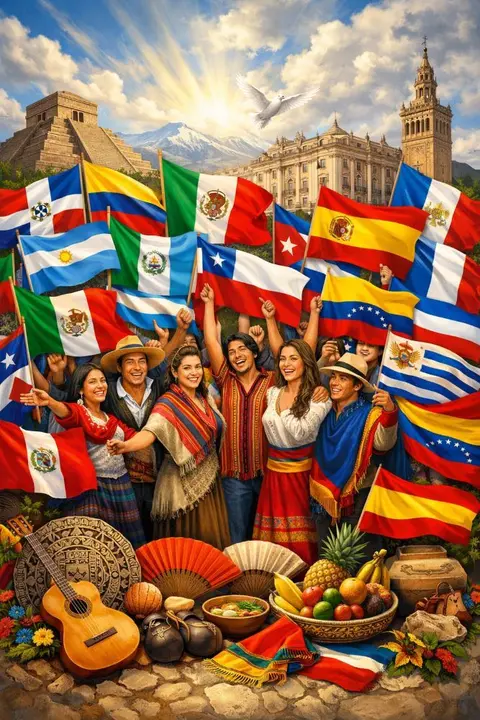 La imagen muestra una representaci&oacute;n de los distintos pueblos de Hispanoam&eacute;rica, donde aparecen personas vestidas con trajes tradicionales y acompa&ntilde;adas de las banderas de sus respectivos pa&iacute;ses. Cada figura incorpora elementos culturales caracter&iacute;sticos, como vestimenta t&iacute;pica, instrumentos musicales o s&iacute;mbolos nacionales, reflejando la riqueza y diversidad cultural de la regi&oacute;n. En conjunto, la imagen destaca la identidad propia de cada naci&oacute;n y, al mismo tiempo, los lazos hist&oacute;ricos y culturales compartidos entre los pa&iacute;ses hispanoamericanos.