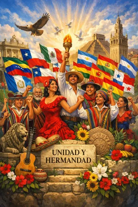 La imagen representa a los distintos pueblos de Hispanoam&eacute;rica mediante figuras humanas acompa&ntilde;adas de las banderas de sus respectivos pa&iacute;ses y elementos culturales caracter&iacute;sticos. Cada representaci&oacute;n incluye vestimenta tradicional, objetos t&iacute;picos o s&iacute;mbolos nacionales que reflejan la diversidad cultural, hist&oacute;rica y social de la regi&oacute;n. En conjunto, la imagen destaca la riqueza multicultural de Hispanoam&eacute;rica, fruto de la mezcla de influencias ind&iacute;genas, espa&ntilde;olas y africanas, as&iacute; como las identidades propias de cada naci&oacute;n.
