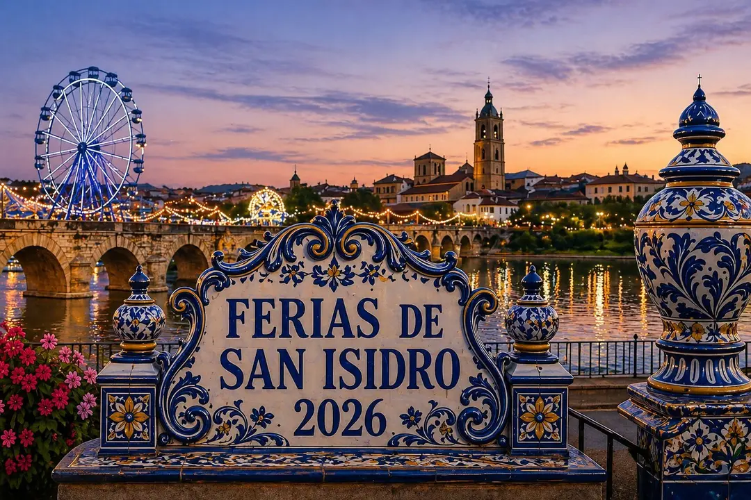 Imagen de las <strong data-start="14" data-end="43">Ferias de San Isidro 2026</strong> en Talavera de la Reina: cartel de cer&aacute;mica tradicional en primer plano, con el Puente de Santa Catalina, el r&iacute;o Tajo y la feria iluminada al atardecer al fondo.