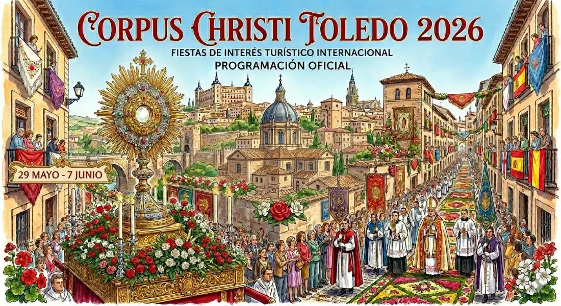 Ilustraci&oacute;n detallada de la procesi&oacute;n del Corpus Christi en Toledo, Espa&ntilde;a. Se ve la famosa Custodia de Arfe en primer plano, rodeada de cl&eacute;rigos, fieles y banderas espa&ntilde;olas. El fondo muestra una panor&aacute;mica de la ciudad hist&oacute;rica de Toledo, incluyendo el Alc&aacute;zar y la Catedral. Texto en la parte superior: 'CORPUS CHRISTI TOLEDO 2026', 'FIESTAS DE INTER&Eacute;S TUR&Iacute;STICO INTERNACIONAL', 'PROGRAMACI&Oacute;N OFICIAL'. Texto en el centro a la izquierda: '29 MAYO - 7 JUNIO'.