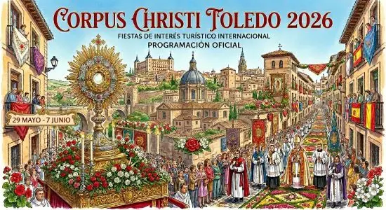 lustraci&oacute;n detallada de la procesi&oacute;n del Corpus Christi en Toledo, Espa&ntilde;a. Se ve la famosa Custodia de Arfe en primer plano, rodeada de cl&eacute;rigos, fieles y banderas espa&ntilde;olas. El fondo muestra una panor&aacute;mica de la ciudad hist&oacute;rica de Toledo, incluyendo el Alc&aacute;zar y la Catedral. Texto en la parte superior: 'CORPUS CHRISTI TOLEDO 2026', 'FIESTAS DE INTER&Eacute;S TUR&Iacute;STICO INTERNACIONAL', 'PROGRAMACI&Oacute;N OFICIAL'. Texto en el centro a la izquierda: '29 MAYO - 7 JUNIO'.