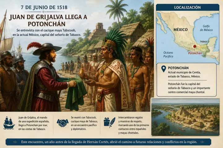 7-8 de junio de 1518 el explorador espa&ntilde;ol Juan de Grijalva lleg&oacute; a Potonch&aacute;n, capital del se&ntilde;or&iacute;o de Tabasco. All&iacute; se reuni&oacute; con el cacique maya Tabscoob.<br />
&nbsp;