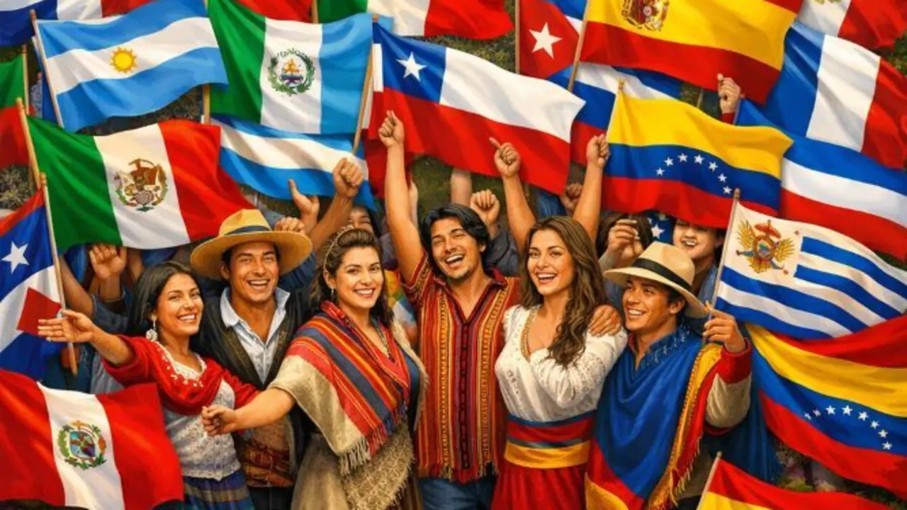 La imagen muestra una representaci&oacute;n de los distintos pueblos de Hispanoam&eacute;rica, donde aparecen personas vestidas con trajes tradicionales y acompa&ntilde;adas de las banderas de sus respectivos pa&iacute;ses. Cada figura incorpora elementos culturales caracter&iacute;sticos, como vestimenta t&iacute;pica, instrumentos musicales o s&iacute;mbolos nacionales, reflejando la riqueza y diversidad cultural de la regi&oacute;n. En conjunto, la imagen destaca la identidad propia de cada naci&oacute;n y, al mismo tiempo, los lazos hist&oacute;ricos y culturales compartidos entre los pa&iacute;ses hispanoamericanos.
