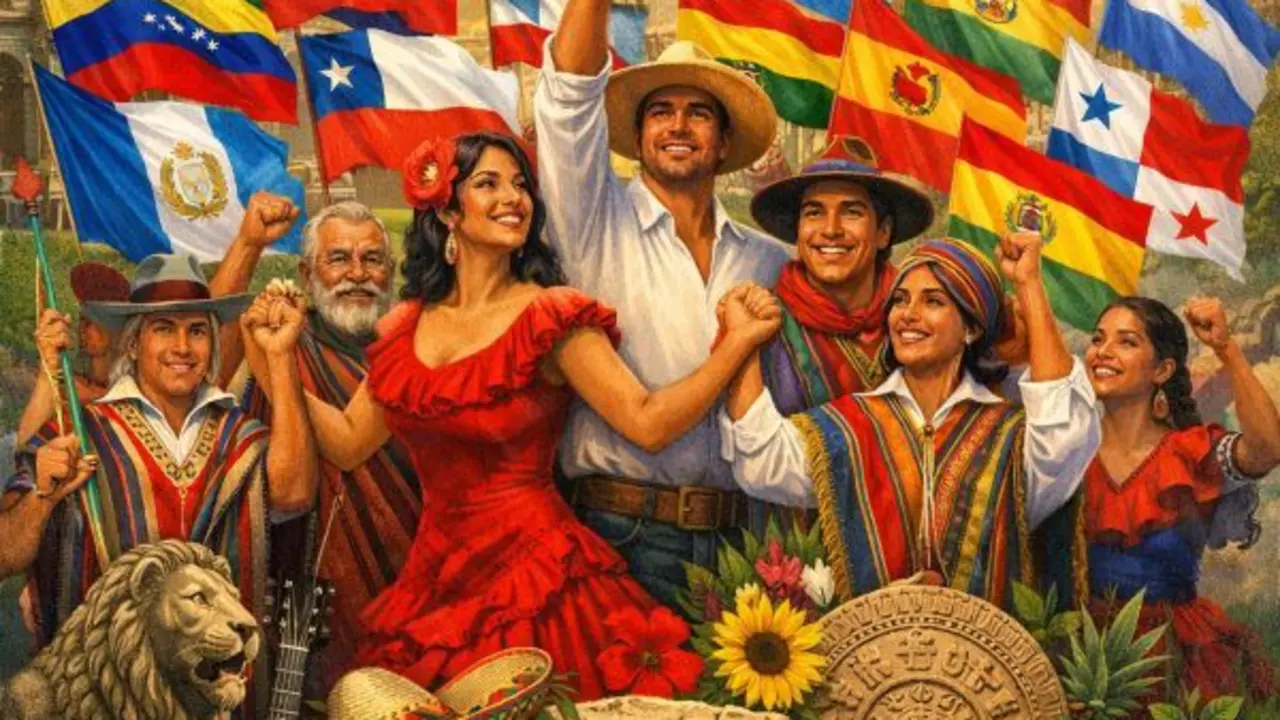 La imagen representa a los distintos pueblos de Hispanoam&eacute;rica mediante figuras humanas acompa&ntilde;adas de las banderas de sus respectivos pa&iacute;ses y elementos culturales caracter&iacute;sticos. Cada representaci&oacute;n incluye vestimenta tradicional, objetos t&iacute;picos o s&iacute;mbolos nacionales que reflejan la diversidad cultural, hist&oacute;rica y social de la regi&oacute;n. En conjunto, la imagen destaca la riqueza multicultural de Hispanoam&eacute;rica, fruto de la mezcla de influencias ind&iacute;genas, espa&ntilde;olas y africanas, as&iacute; como las identidades propias de cada naci&oacute;n.