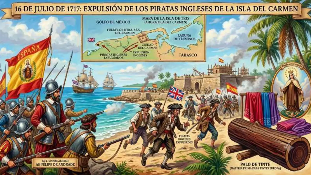 El 16 de julio de 1717 tropas espa&ntilde;olas expulsan a los piratas ingleses de la Isla de Tris, actual Isla del Carmen