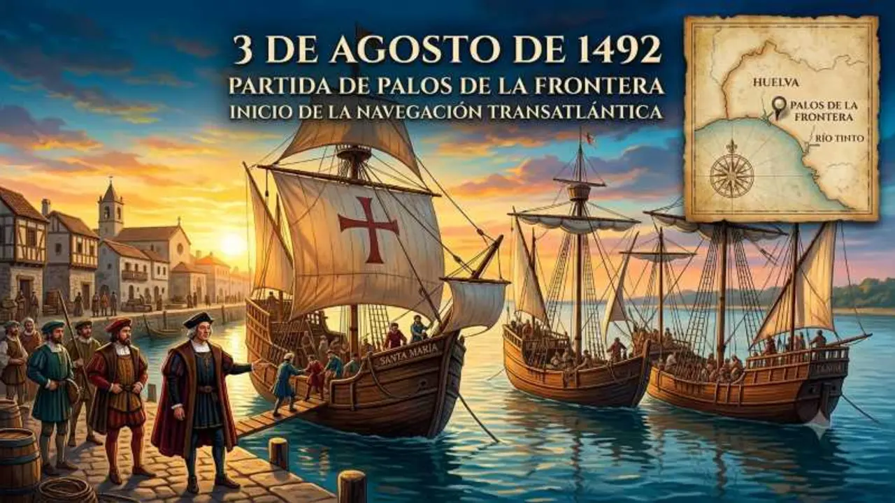 El 3 de agosto de 1492, la expedici&oacute;n liderada por Crist&oacute;bal Col&oacute;n zarpa del puerto de Palos de la Frontera (Huelva) a bordo de la nao <i data-path-to-node="1" data-index-in-node="135">Santa Mar&iacute;a</i> y las carabelas <i data-path-to-node="1" data-index-in-node="163">La Pinta</i> y <i data-path-to-node="1" data-index-in-node="174">La Ni&ntilde;a</i>.&nbsp;