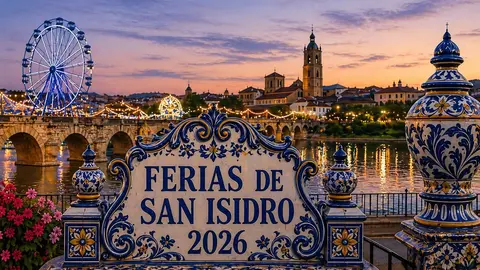 Imagen de las <strong data-start="14" data-end="43">Ferias de San Isidro 2026</strong> en Talavera de la Reina: cartel de cer&aacute;mica tradicional en primer plano, con el Puente de Santa Catalina, el r&iacute;o Tajo y la feria iluminada al atardecer al fondo.
