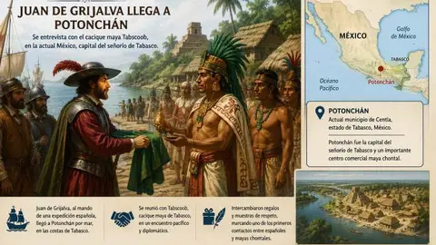 7-8 de junio de 1518 el explorador espa&ntilde;ol Juan de Grijalva lleg&oacute; a Potonch&aacute;n, capital del se&ntilde;or&iacute;o de Tabasco. All&iacute; se reuni&oacute; con el cacique maya Tabscoob.<br />
&nbsp;