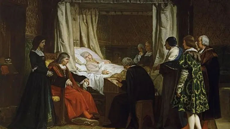 Isabel I de Castilla, que falleció en Medina del Campo en 1504, dictando su testamento en presencia de su esposo, Fernando II de Aragón, y de otros personajes de la Corte castellana