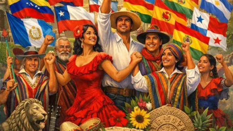 La imagen representa a los distintos pueblos de Hispanoam&eacute;rica mediante figuras humanas acompa&ntilde;adas de las banderas de sus respectivos pa&iacute;ses y elementos culturales caracter&iacute;sticos. Cada representaci&oacute;n incluye vestimenta tradicional, objetos t&iacute;picos o s&iacute;mbolos nacionales que reflejan la diversidad cultural, hist&oacute;rica y social de la regi&oacute;n. En conjunto, la imagen destaca la riqueza multicultural de Hispanoam&eacute;rica, fruto de la mezcla de influencias ind&iacute;genas, espa&ntilde;olas y africanas, as&iacute; como las identidades propias de cada naci&oacute;n.
