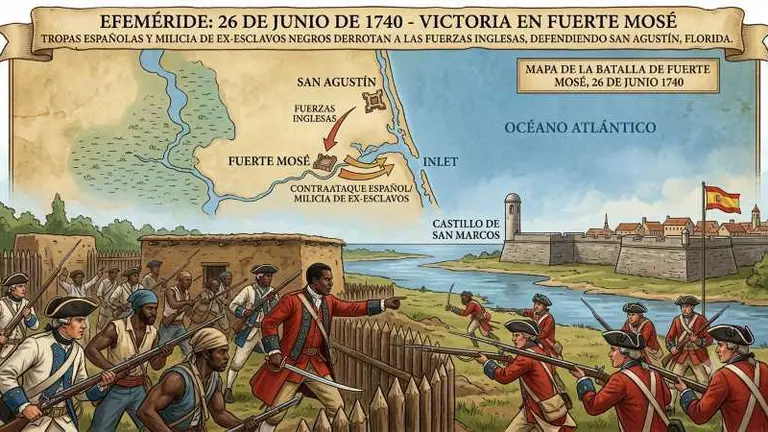 Las tropas espa&ntilde;olas y una milicia de esclavos negros liberados derrotaron de forma contundente a las fuerzas inglesas en la Batalla de Fuerte Mos&eacute;