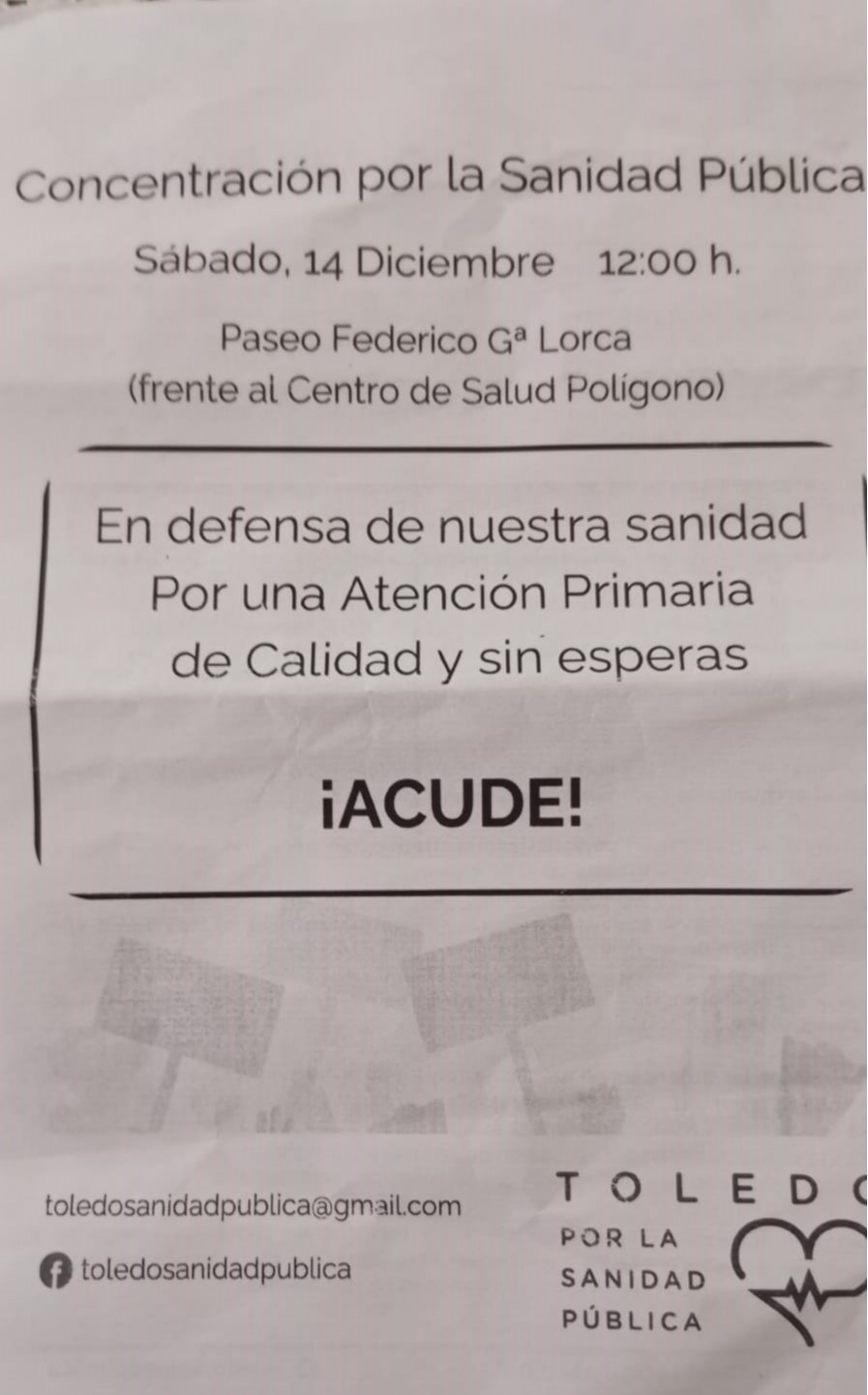 Concentración por la Sanidad Pública. Sábado 14.00. Paseo Federico García Lorca. 12.00 h