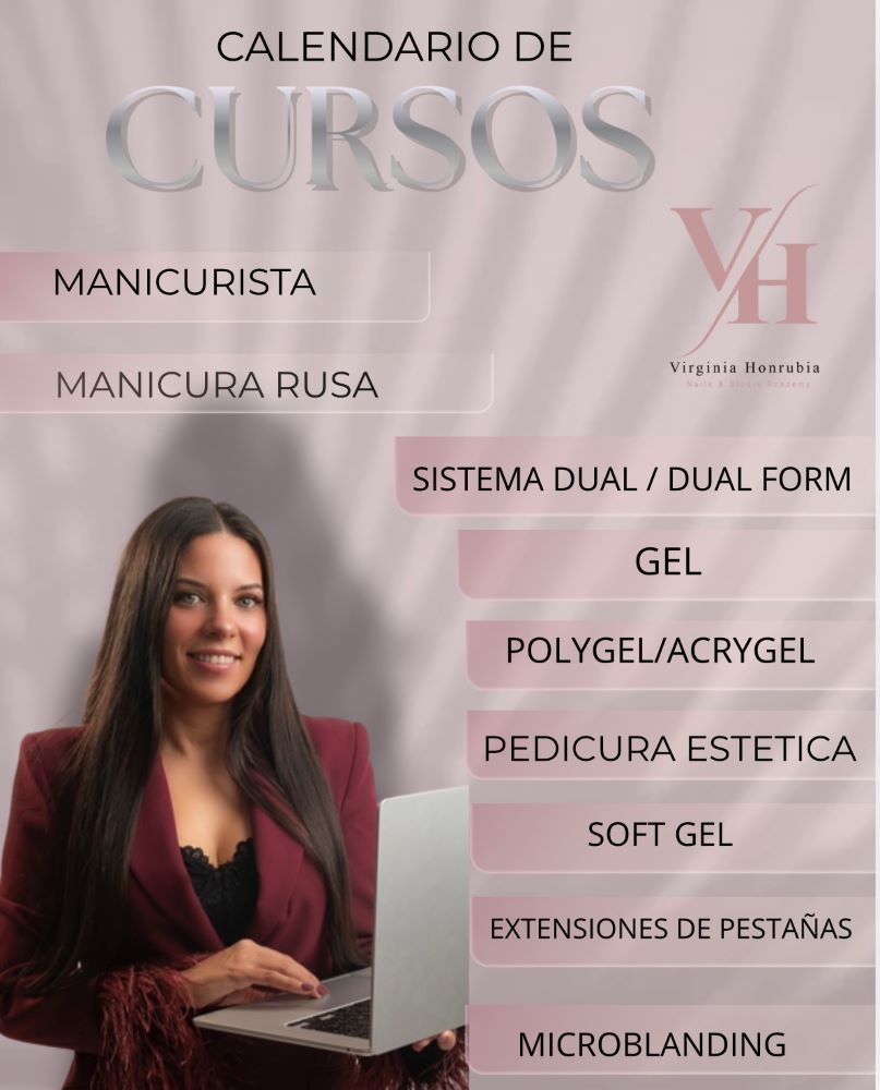Promoción de los cursos de manicura profesional impartidos por Virginia Honrubia. Formación práctica y completa para quienes quieren especializarse en técnicas de uñas y crecer profesionalmente en el sector de la estética.