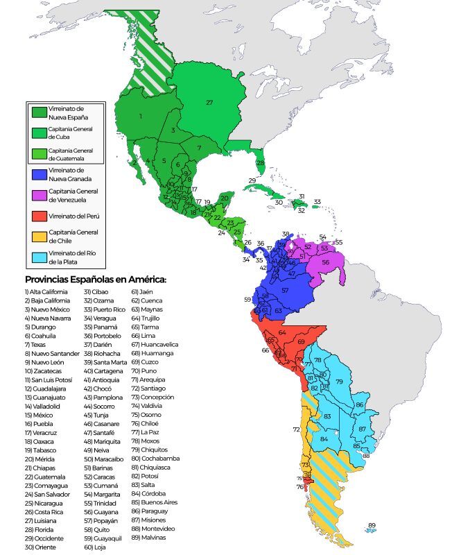 Mapa que representa la división política de los territorios de España en América alrededor del año 1800. Se observan los principales virreinatos —como el de Nueva España, el del Perú, el de Nueva Granada y el del Río de la Plata— junto con las capitanías generales (como Cuba, Venezuela, Guatemala y Chile) y diversas provincias. La imagen refleja la estructura administrativa del Imperio español en el continente americano poco antes de los procesos de independencia del siglo XIX.